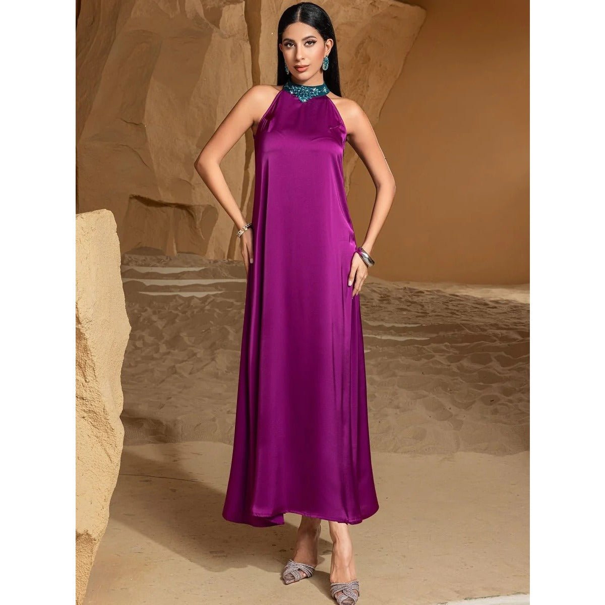 Rose Purple Luxury Feather-Embellished Abaya Dress Two-Piece Set with Crystal & Bead Details (MOA159)