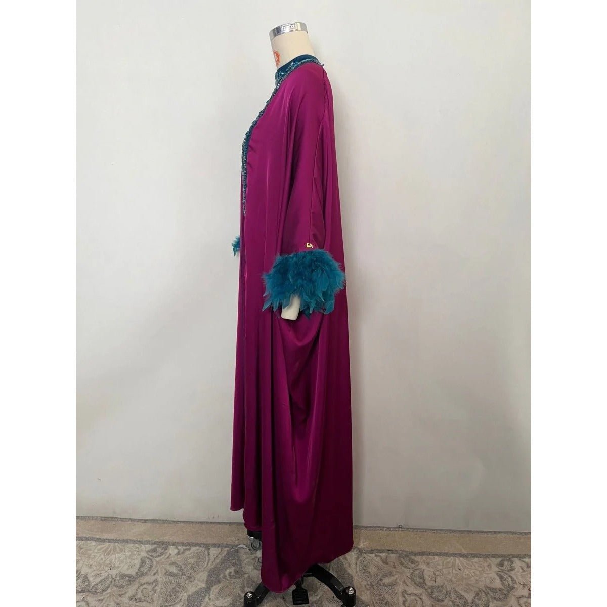 Rose Purple Luxury Feather-Embellished Abaya Dress Two-Piece Set with Crystal & Bead Details (MOA159)