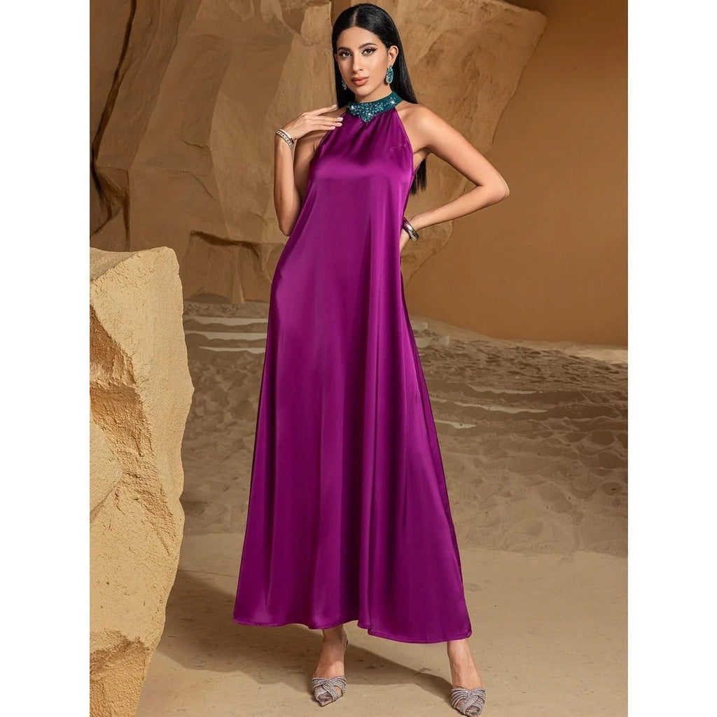 Rose Purple Luxury Feather-Embellished Abaya Dress Two-Piece Set with Crystal & Bead Details (MOA159)