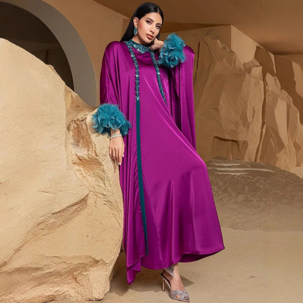 Rose Purple Luxury Feather-Embellished Abaya Dress Two-Piece Set with Crystal & Bead Details (MOA159)