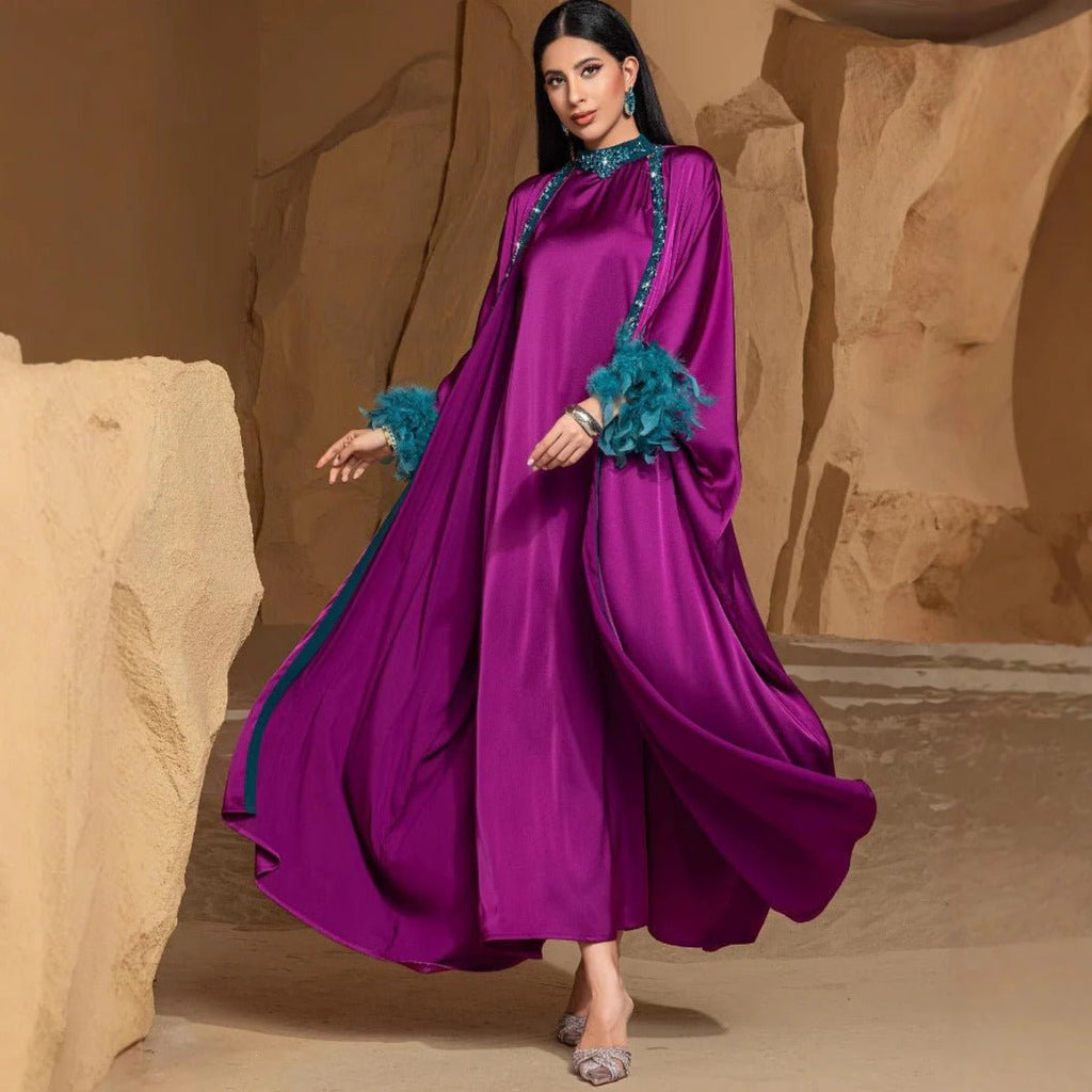 Rose Purple Luxury Feather-Embellished Abaya Dress Two-Piece Set with Crystal & Bead Details (MOA159)