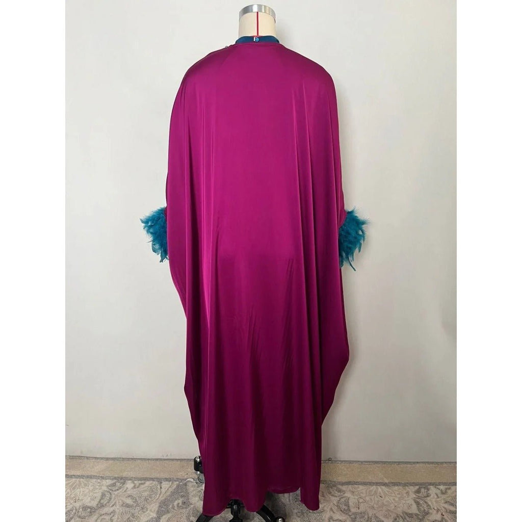 Rose Purple Luxury Feather-Embellished Abaya Dress Two-Piece Set with Crystal & Bead Details (MOA159)