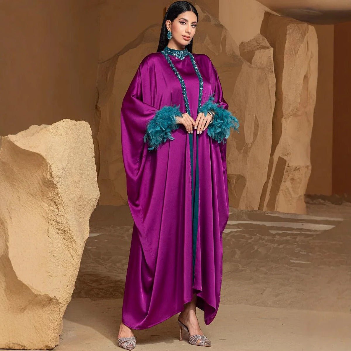 Rose Purple Luxury Feather-Embellished Abaya Dress Two-Piece Set with Crystal & Bead Details (MOA159)