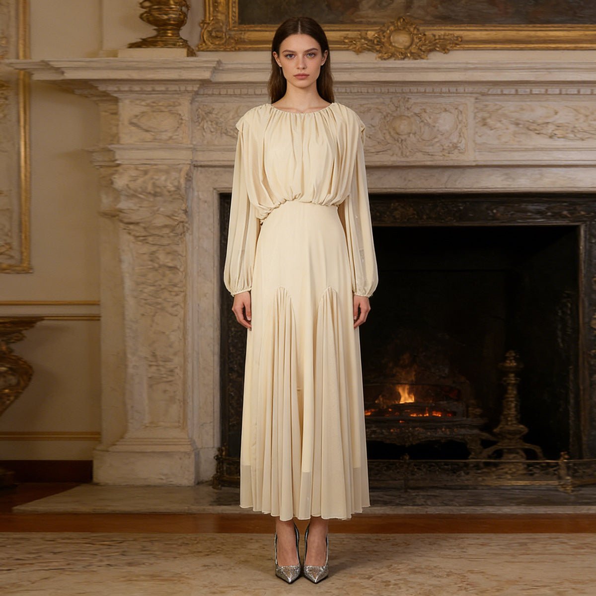 Round Neck Ruched Bodice Lantern Sleeve Floor-Length Dress(MS402)