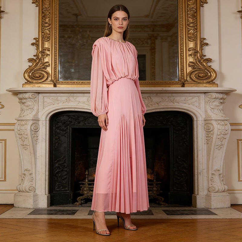 Round Neck Ruched Bodice Lantern Sleeve Floor-Length Dress(MS402)