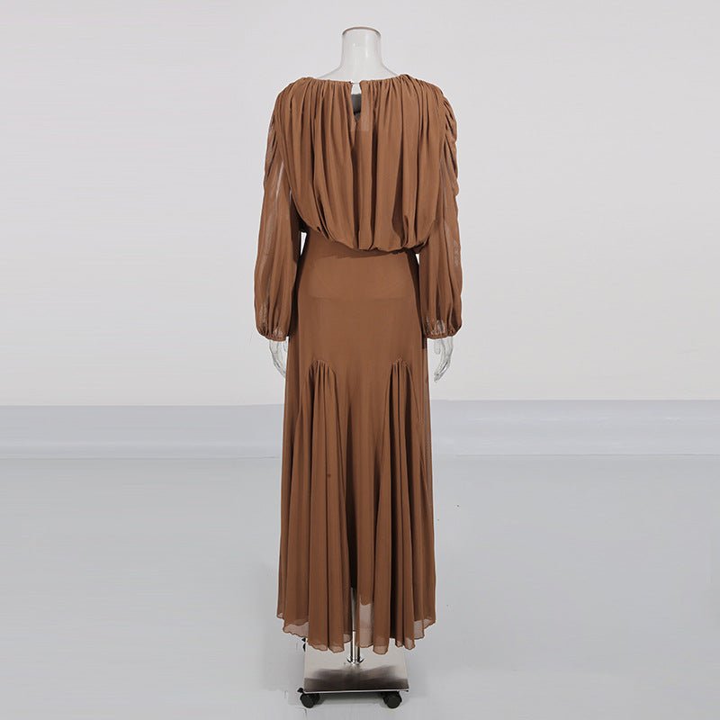 Round Neck Ruched Bodice Lantern Sleeve Floor-Length Dress(MS402)