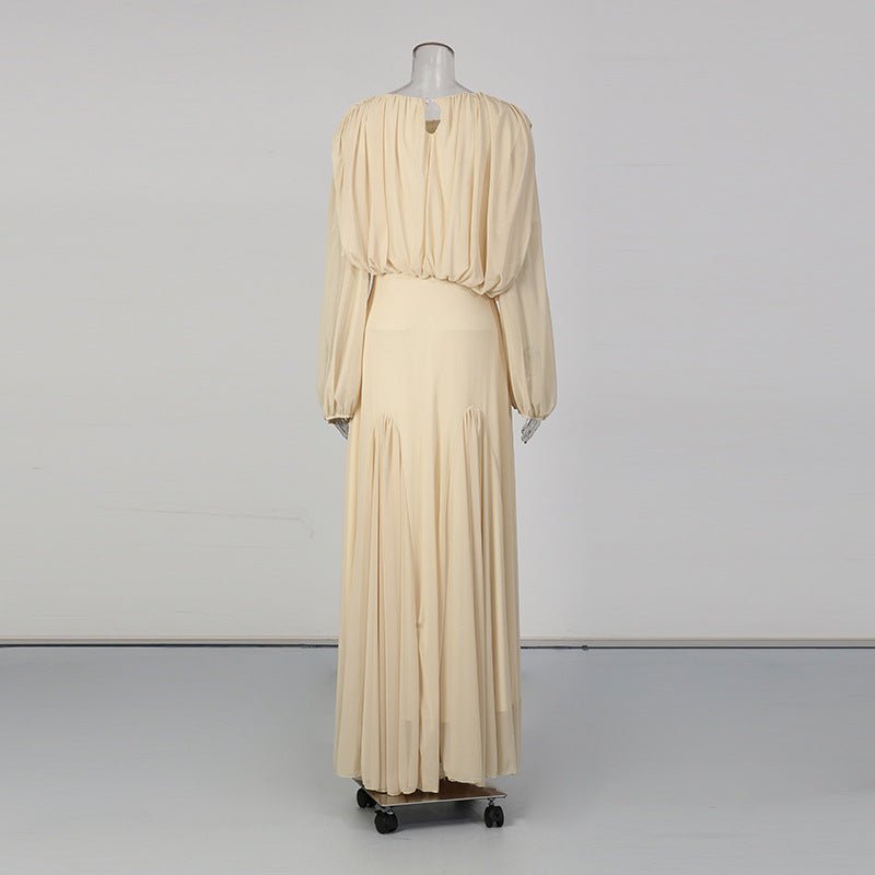 Round Neck Ruched Bodice Lantern Sleeve Floor-Length Dress(MS402)