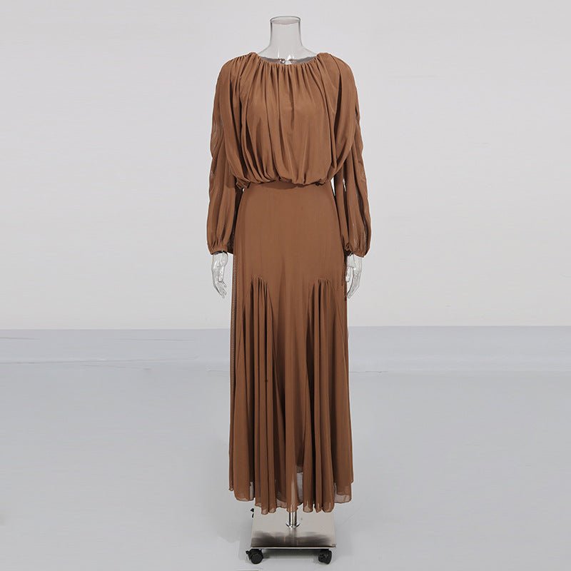 Round Neck Ruched Bodice Lantern Sleeve Floor-Length Dress(MS402)
