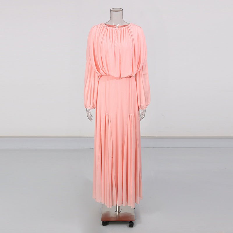 Round Neck Ruched Bodice Lantern Sleeve Floor-Length Dress(MS402)