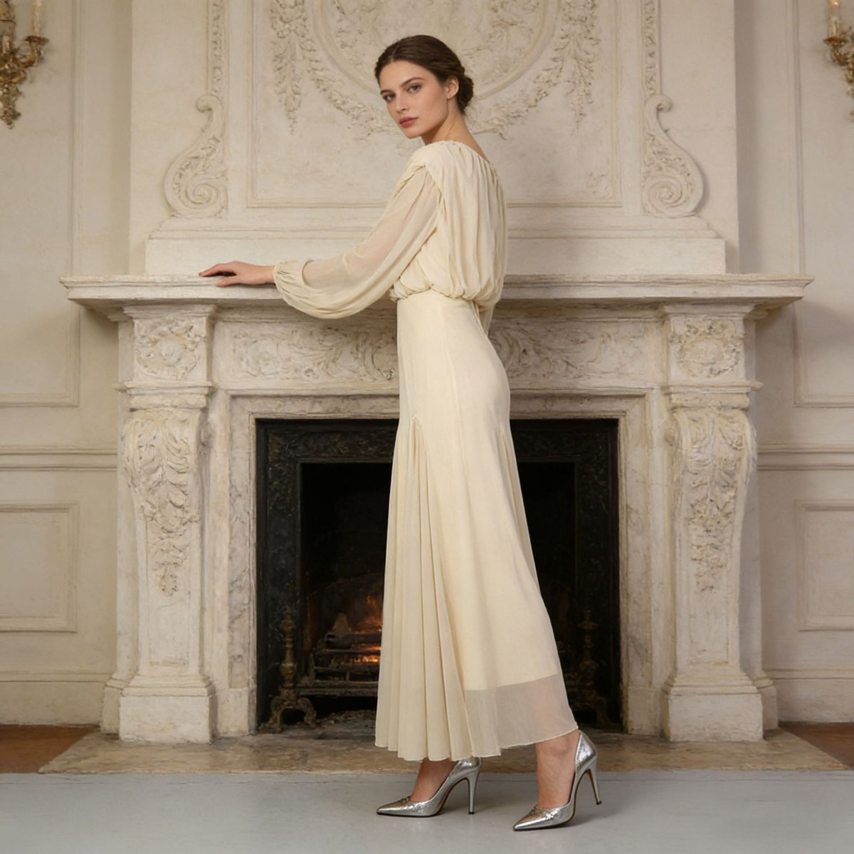 Round Neck Ruched Bodice Lantern Sleeve Floor-Length Dress(MS402)