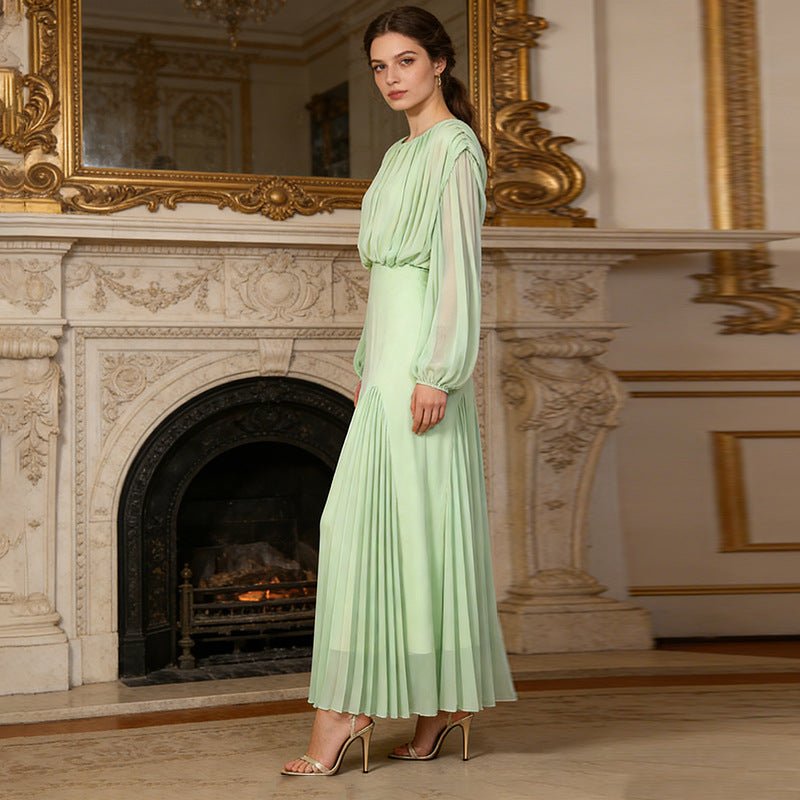 Round Neck Ruched Bodice Lantern Sleeve Floor-Length Dress(MS402)