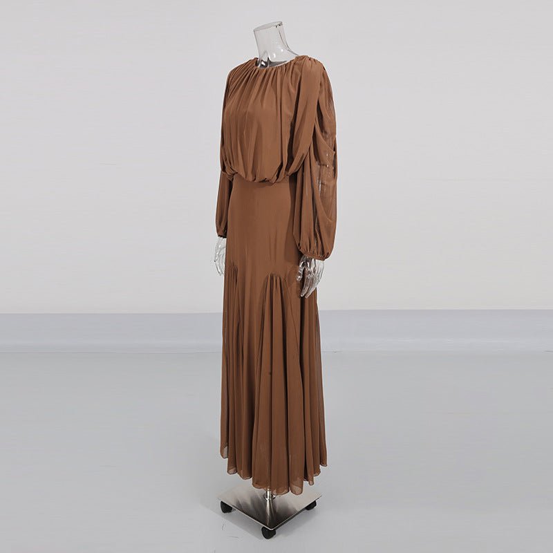 Round Neck Ruched Bodice Lantern Sleeve Floor-Length Dress(MS402)
