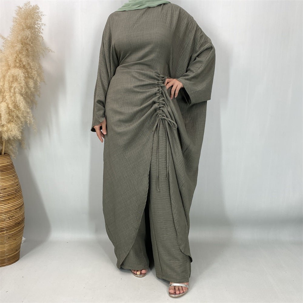 Ruched Drawstring Batwing Top & Wide-Leg Trousers Co-ord Set(MS478)