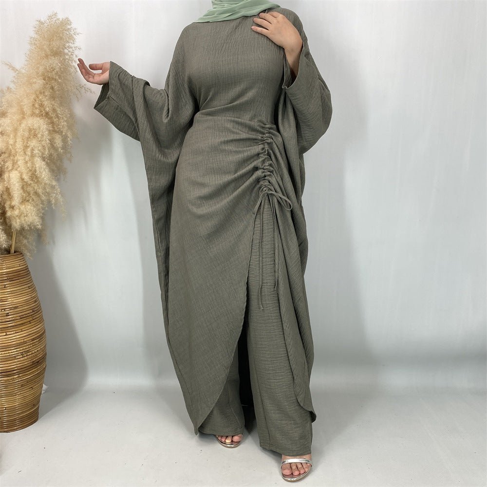 Ruched Drawstring Batwing Top & Wide-Leg Trousers Co-ord Set(MS478)
