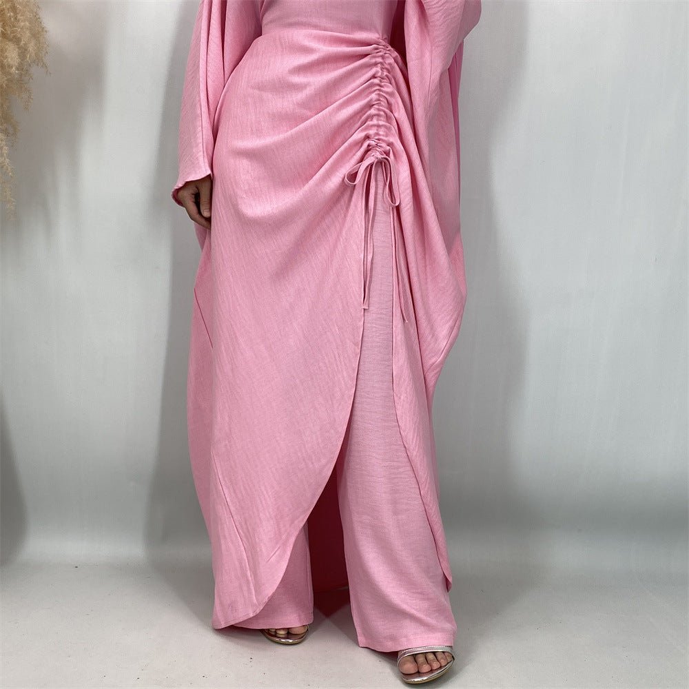 Ruched Drawstring Batwing Top & Wide-Leg Trousers Co-ord Set(MS478)