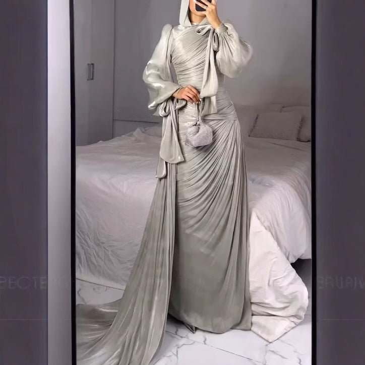 Ruched Evening Dress | Puff Sleeve Bodycon Maxi Dress(MS280)