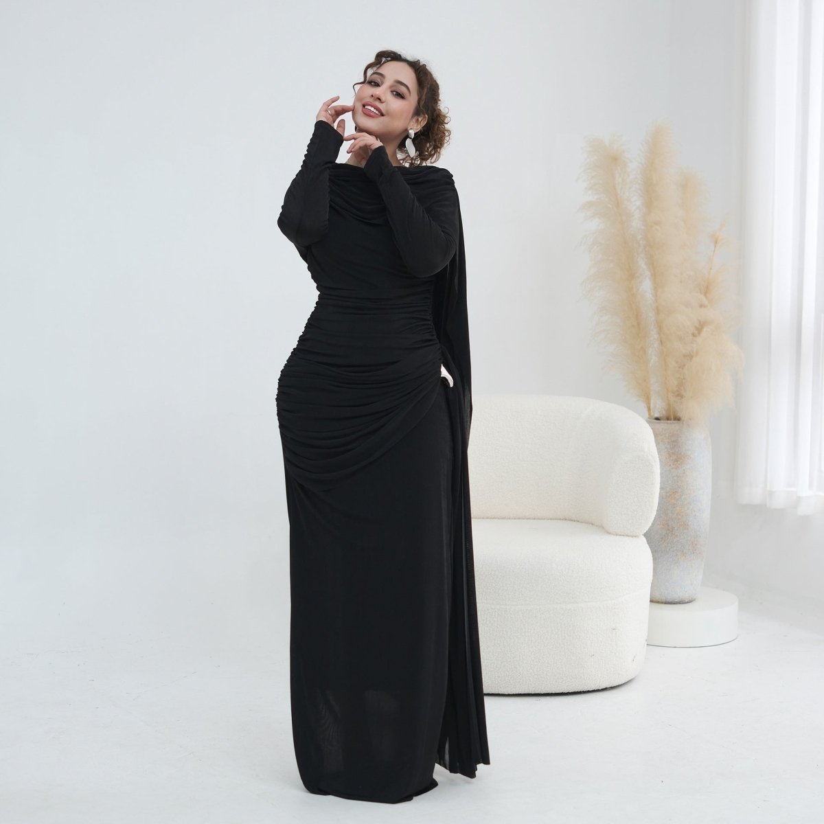 Ruched Maxi Dress with Cape(MS434)