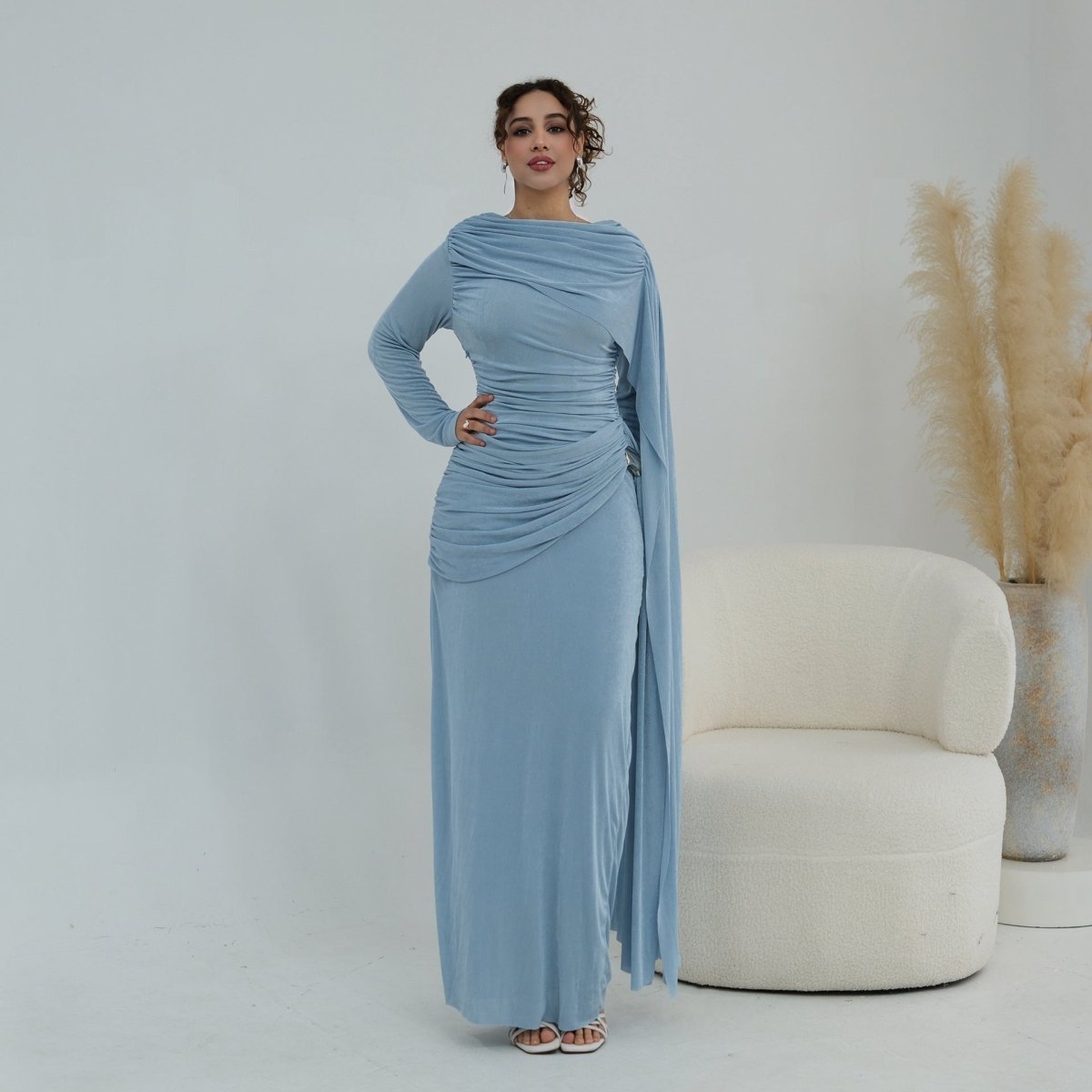Ruched Maxi Dress with Cape(MS434)