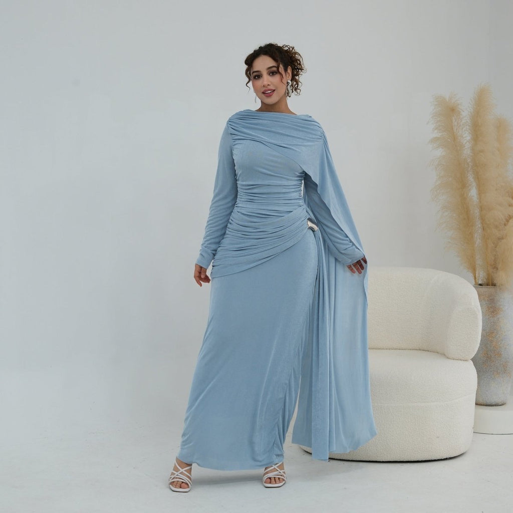 Ruched Maxi Dress with Cape(MS434)