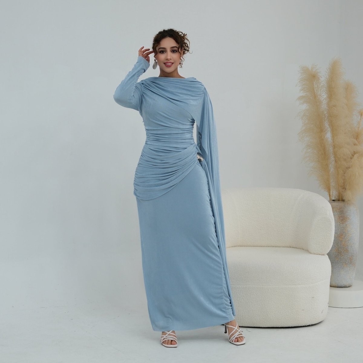 Ruched Maxi Dress with Cape(MS434)