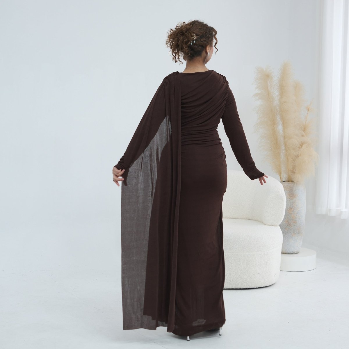 Ruched Maxi Dress with Cape(MS434)