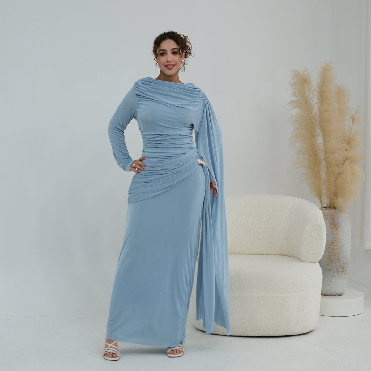 Ruched Maxi Dress with Cape(MS434)