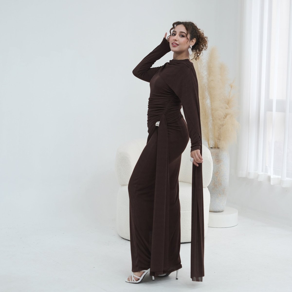 Ruched Maxi Dress with Cape(MS434)