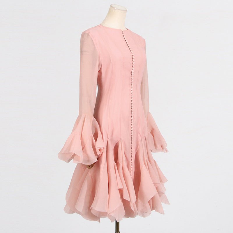 Ruffle Hem Dress with Sheer Sleeves(MS304)