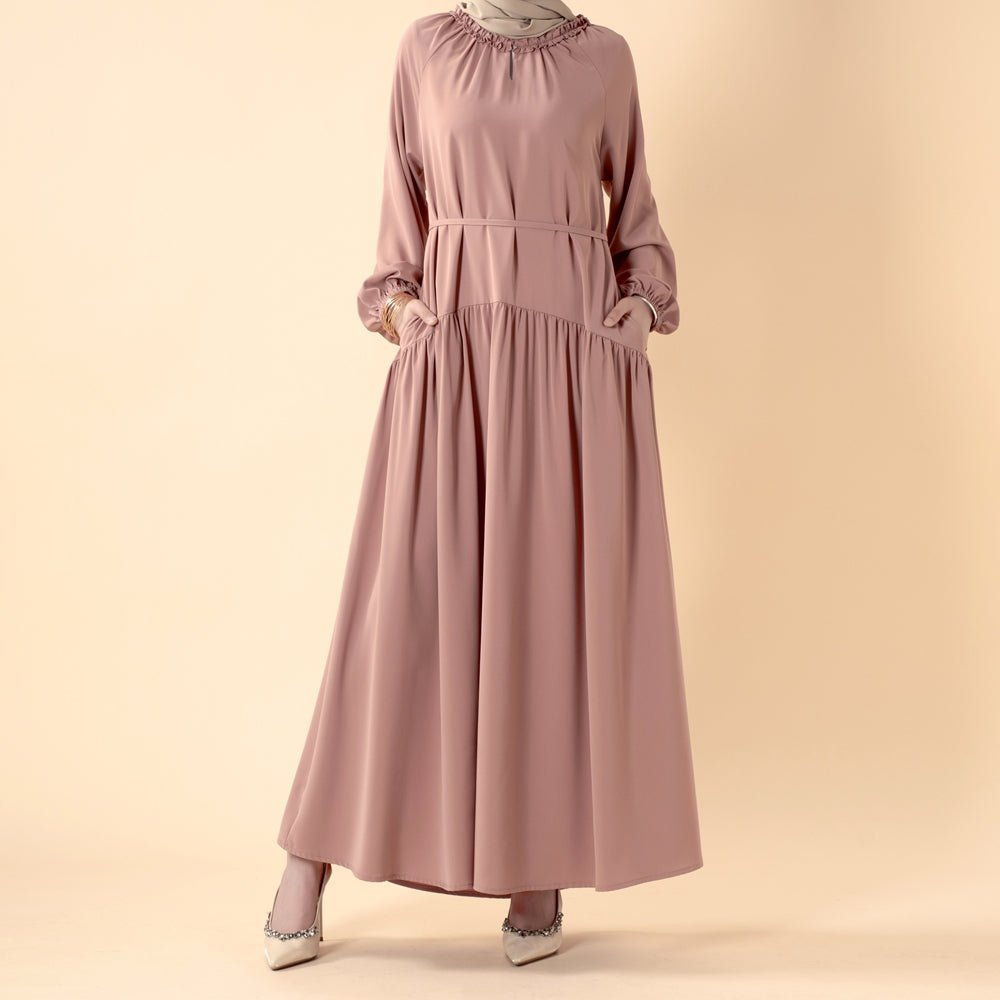 Ruffle Trim Pleated Relaxed Maxi Dress with Waist Tie(MA424)