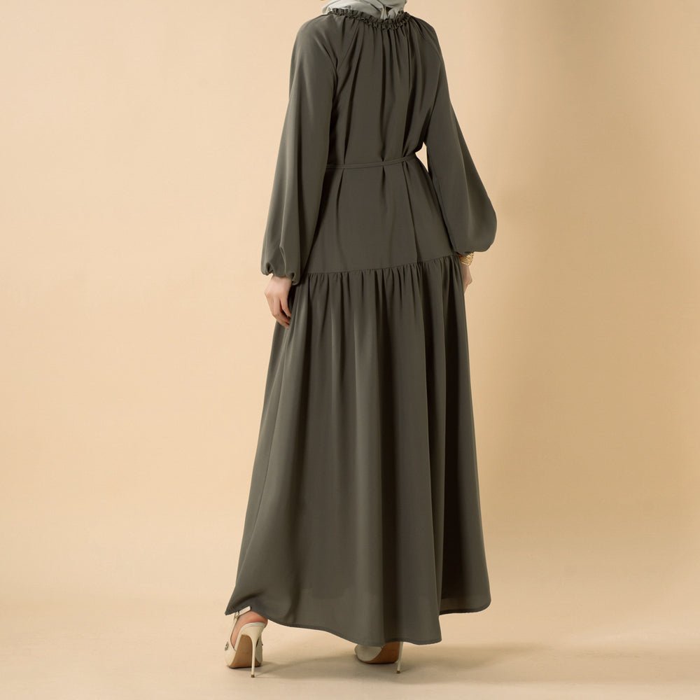 Ruffle Trim Pleated Relaxed Maxi Dress with Waist Tie(MA424)