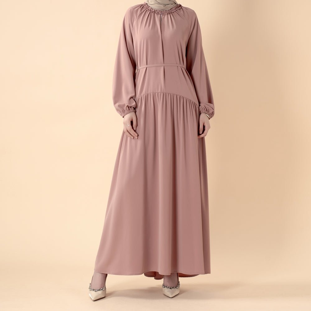 Ruffle Trim Pleated Relaxed Maxi Dress with Waist Tie(MA424)