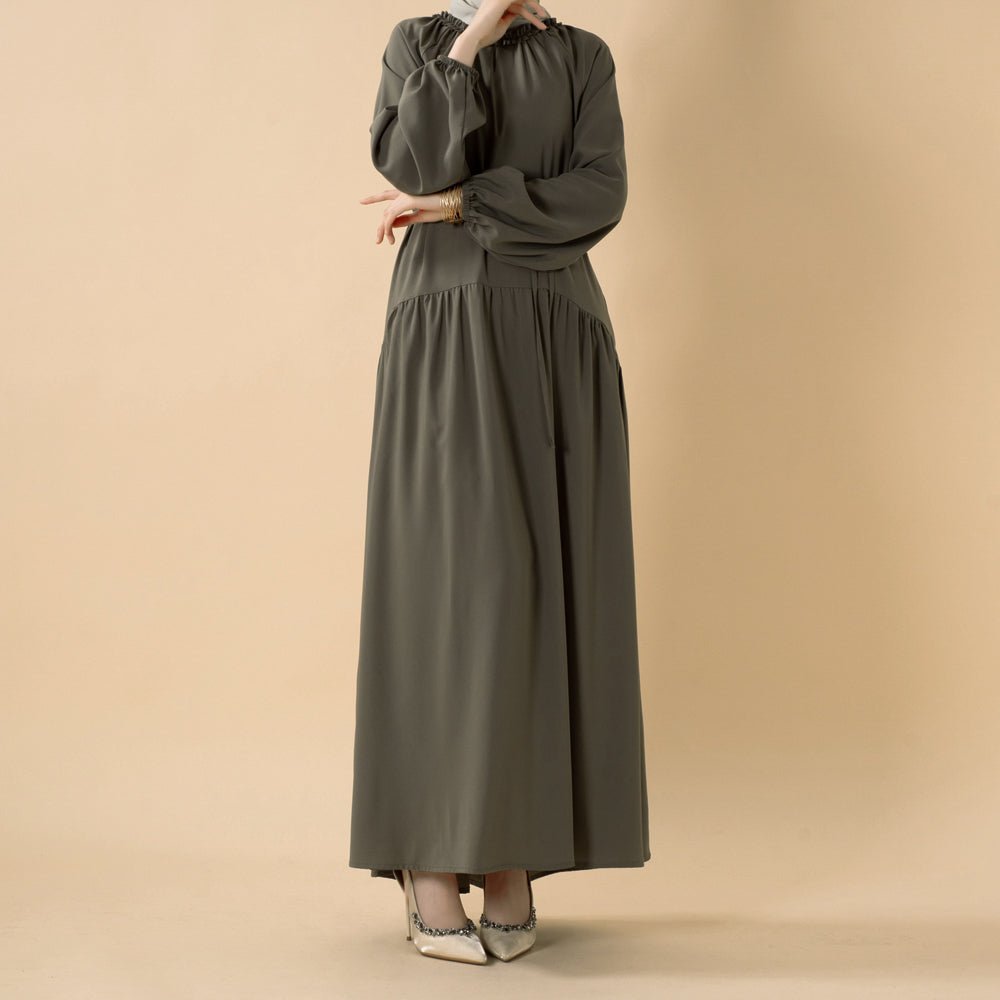 Ruffle Trim Pleated Relaxed Maxi Dress with Waist Tie(MA424)