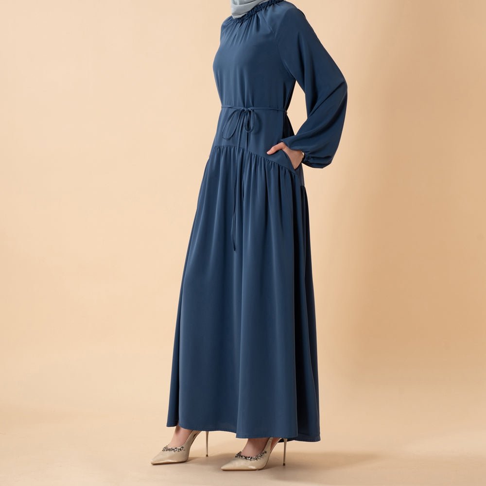 Ruffle Trim Pleated Relaxed Maxi Dress with Waist Tie(MA424)