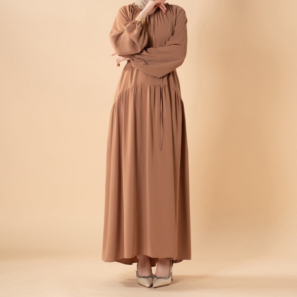Ruffle Trim Pleated Relaxed Maxi Dress with Waist Tie(MA424)