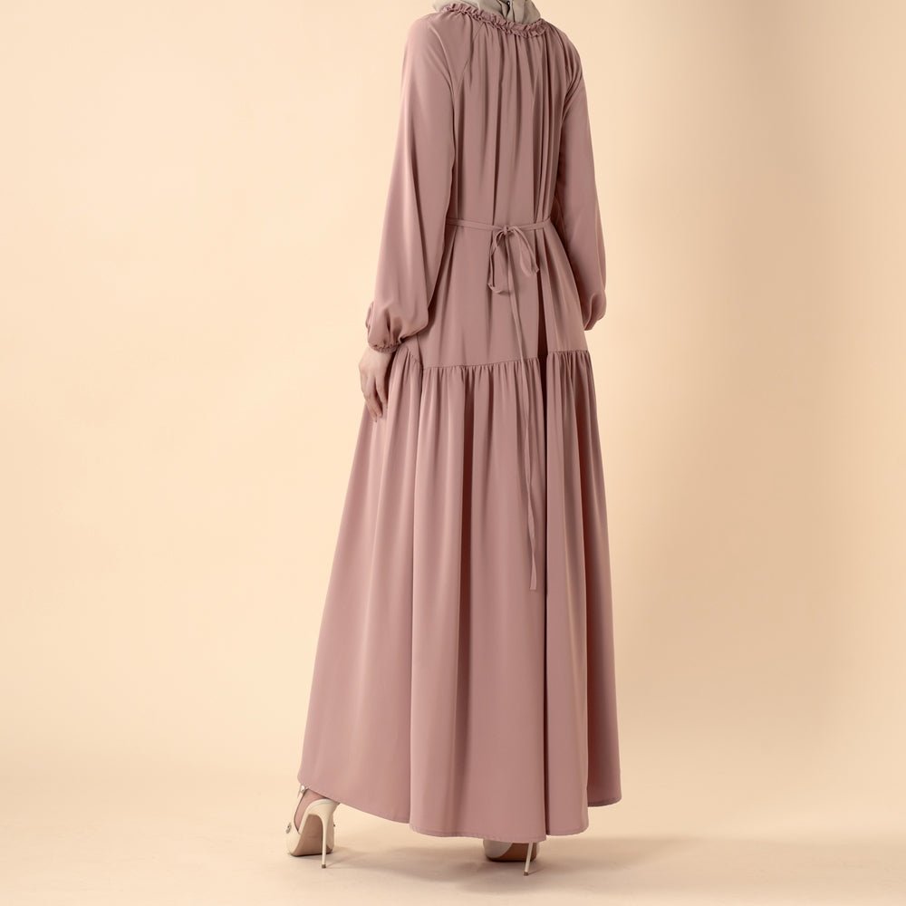 Ruffle Trim Pleated Relaxed Maxi Dress with Waist Tie(MA424)