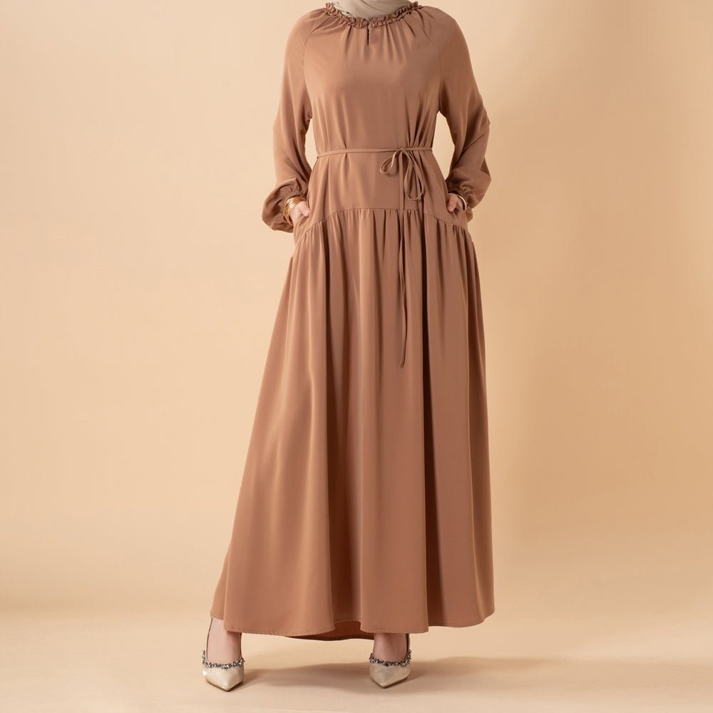 Ruffle Trim Pleated Relaxed Maxi Dress with Waist Tie(MA424)