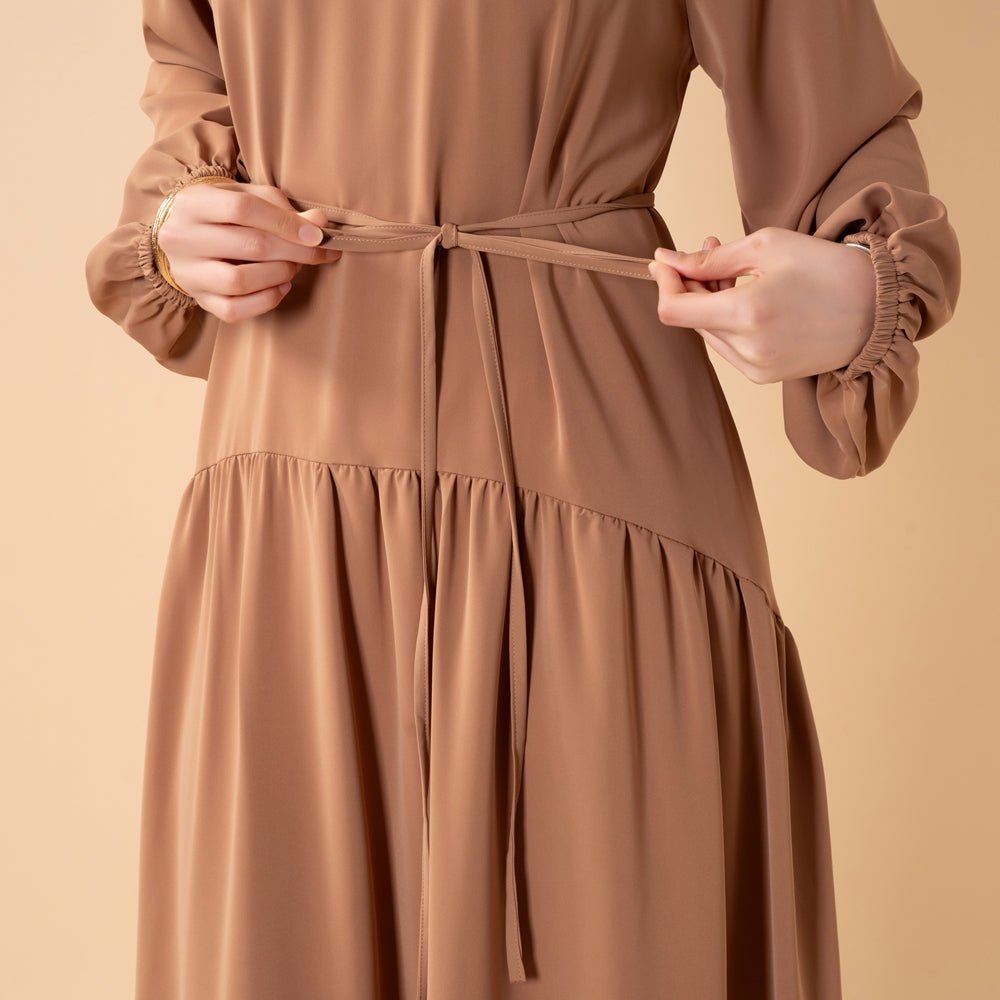Ruffle Trim Pleated Relaxed Maxi Dress with Waist Tie(MA424)