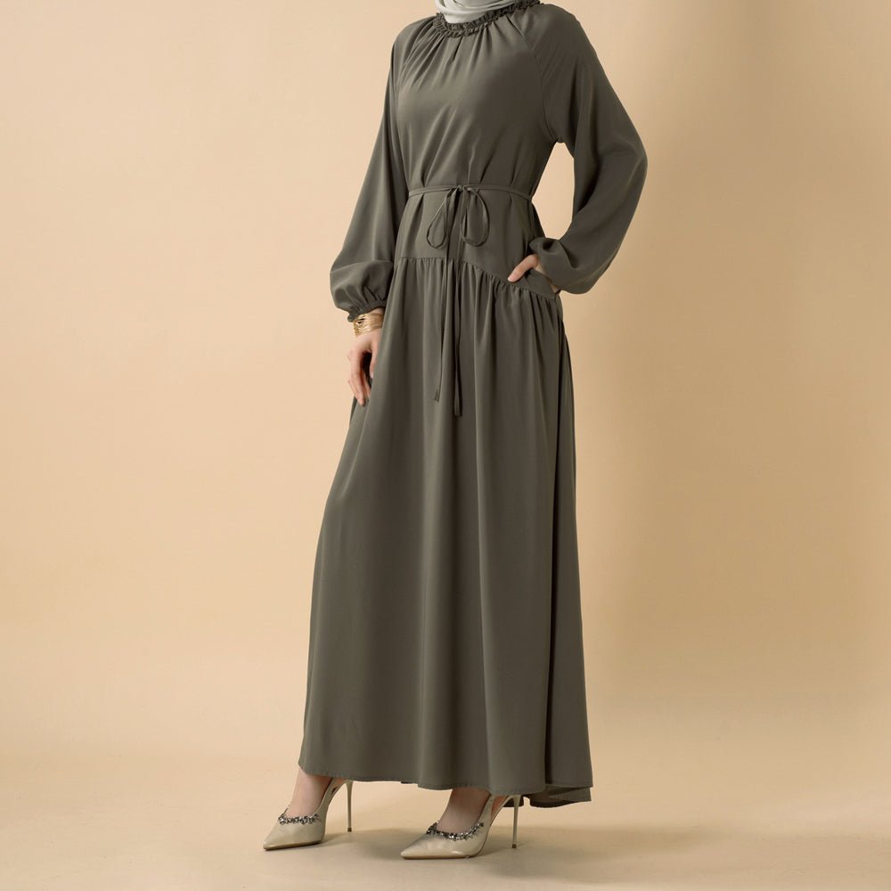 Ruffle Trim Pleated Relaxed Maxi Dress with Waist Tie(MA424)