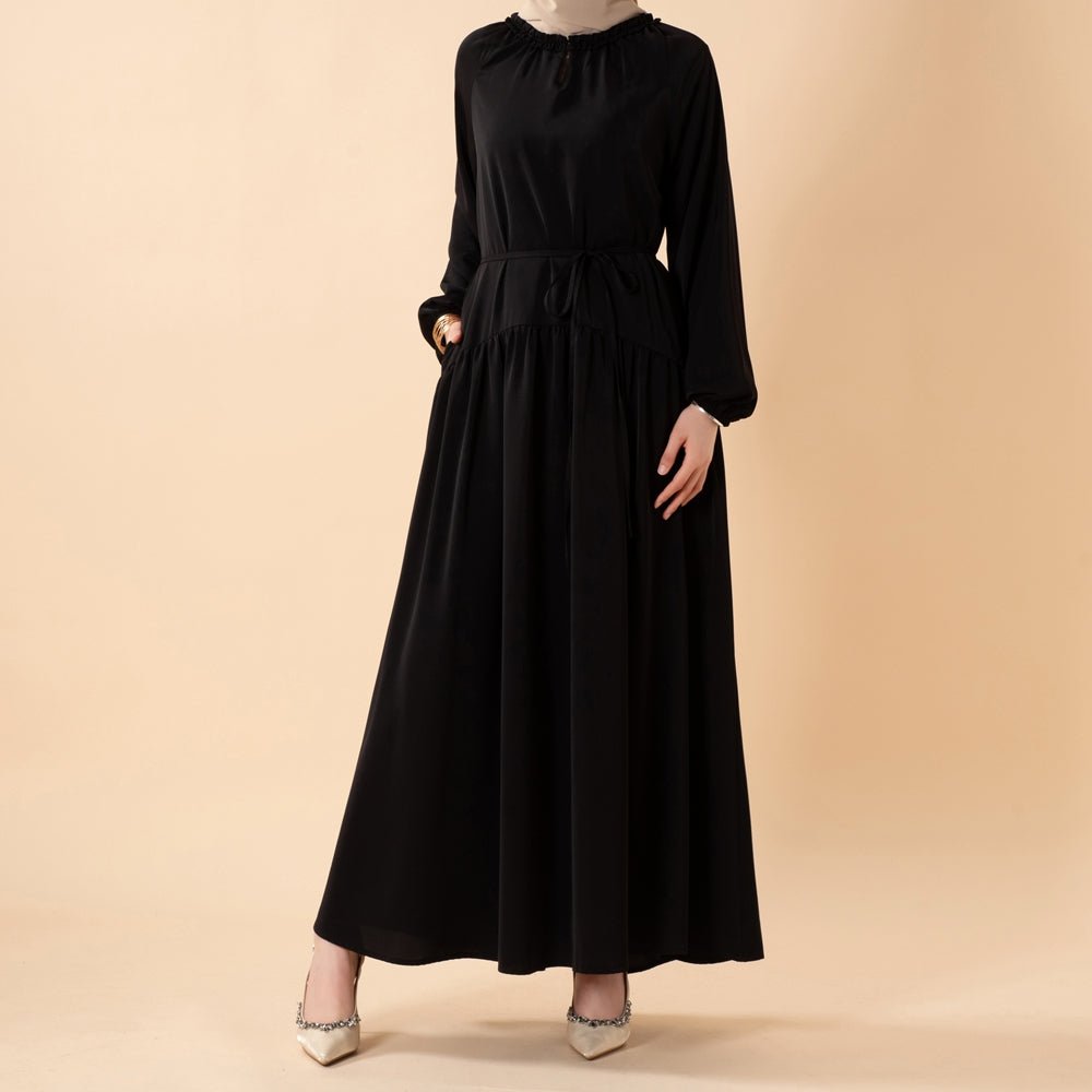 Ruffle Trim Pleated Relaxed Maxi Dress with Waist Tie(MA424)