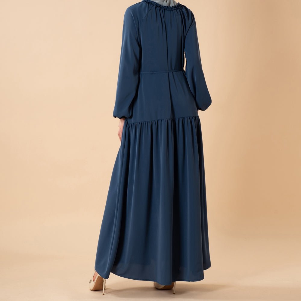 Ruffle Trim Pleated Relaxed Maxi Dress with Waist Tie(MA424)