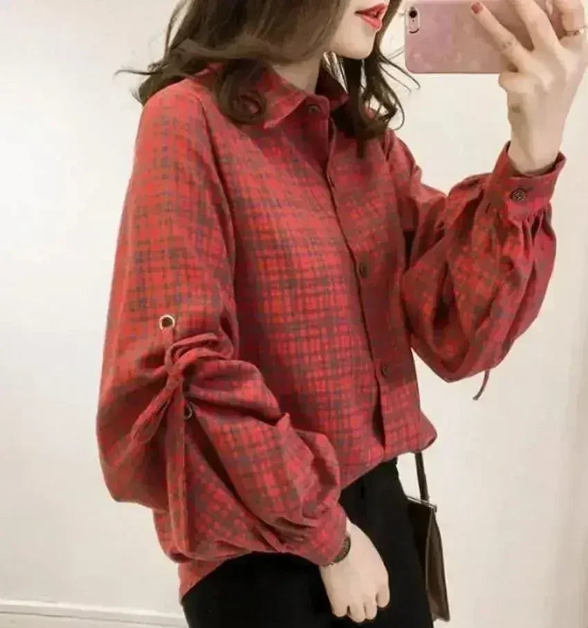 Women Loose Fit Plaid Shirt w/Bell Sleeves - Blue | Femstylo
