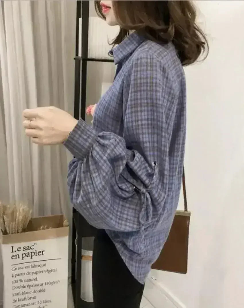 Women Loose Fit Plaid Shirt w/Bell Sleeves - Blue | Femstylo