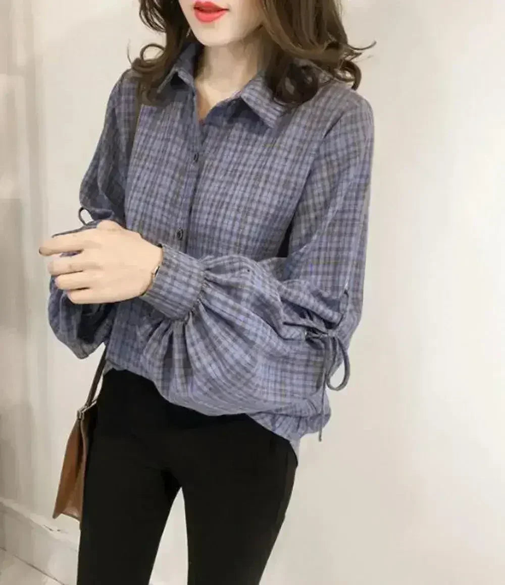 Women Loose Fit Plaid Shirt w/Bell Sleeves - Blue | Femstylo