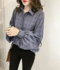 Women Loose Fit Plaid Shirt w/Bell Sleeves - Blue | Femstylo