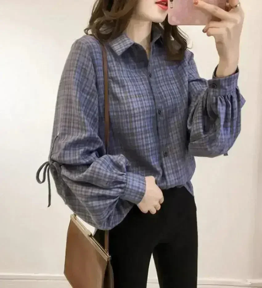 Women Loose Fit Plaid Shirt w/Bell Sleeves - Blue | Femstylo