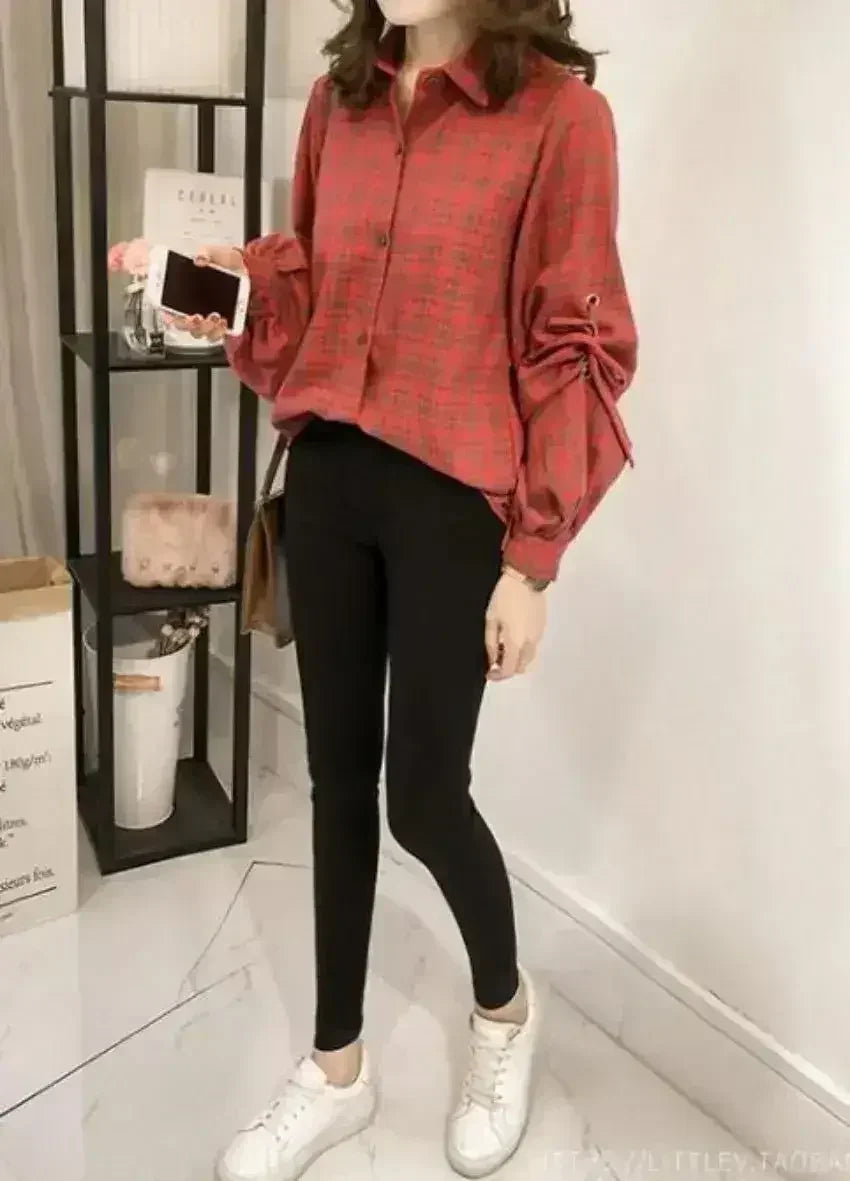 Women Loose Fit Plaid Shirt w/Bell Sleeves - Blue | Femstylo