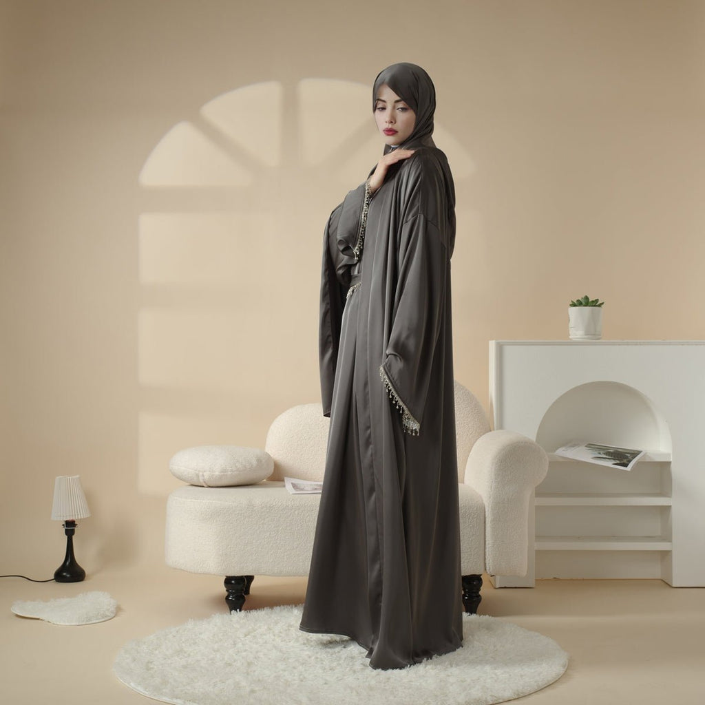 Satin Abaya With Matching Belt Made Of Diamond Tassel (MOA010)