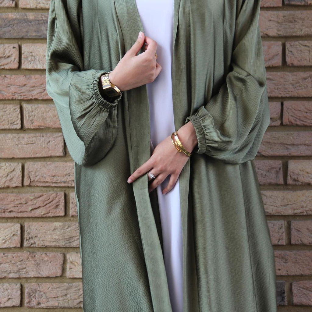 Satin Bunched Sleeve Open Abaya (MOA048)