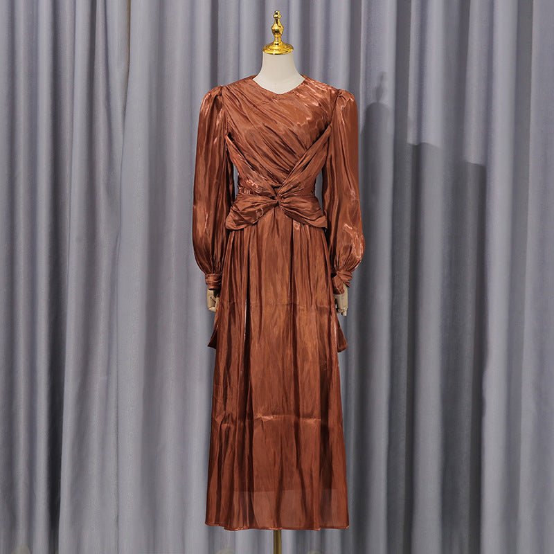 Satin Diagonal Pleat Dress with Bow Waist(MS324)