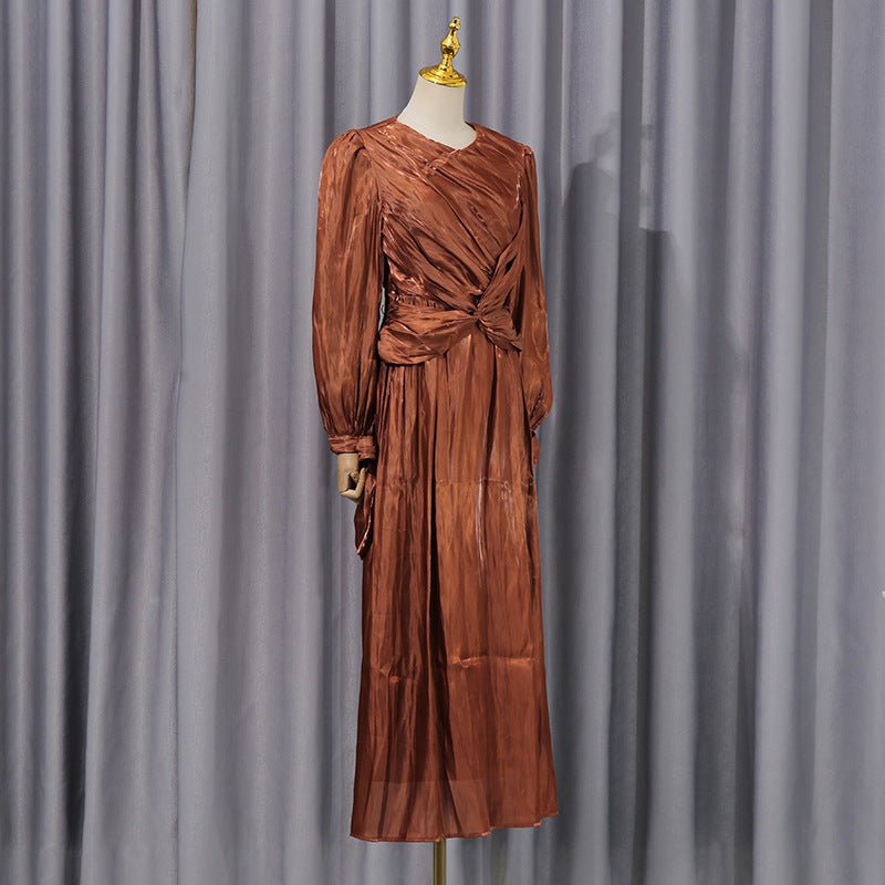 Satin Diagonal Pleat Dress with Bow Waist(MS324)